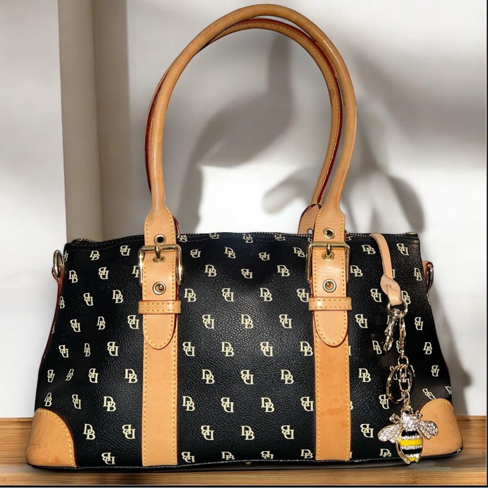 Dooney & Bourke Black Signature Satchel with Tan Trim and Gold Accents